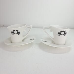 Set of 2 M&L Home Collection Espresso Cup and Saucer White with Black Kitty Cats